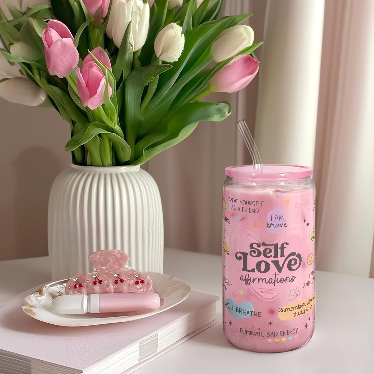 SANDJEST Inspiration Glass Can, Self Love Iced Coffee Aesthetic Cup, Gifts for Christmas Birthday, Gift for Women Girls, 16oz