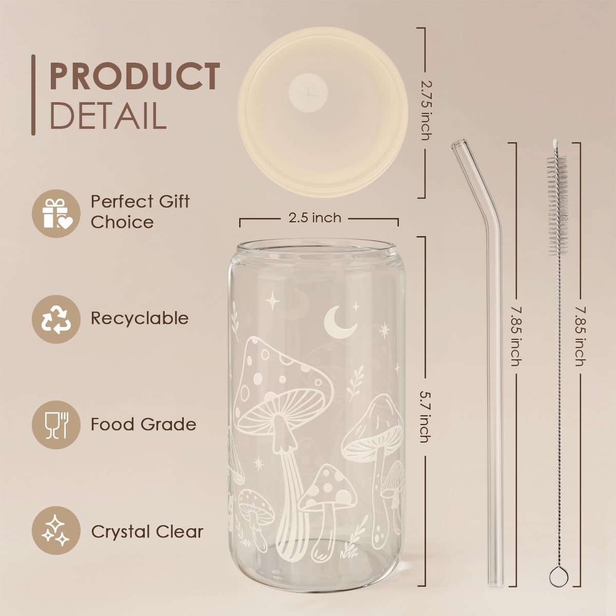 Mushroom 16oz Can Glass Tumbler with Acrylic Lid & Straw, Iced Coffee Cup for Women, Aesthetic Cups Gifts for Birthday Christmas