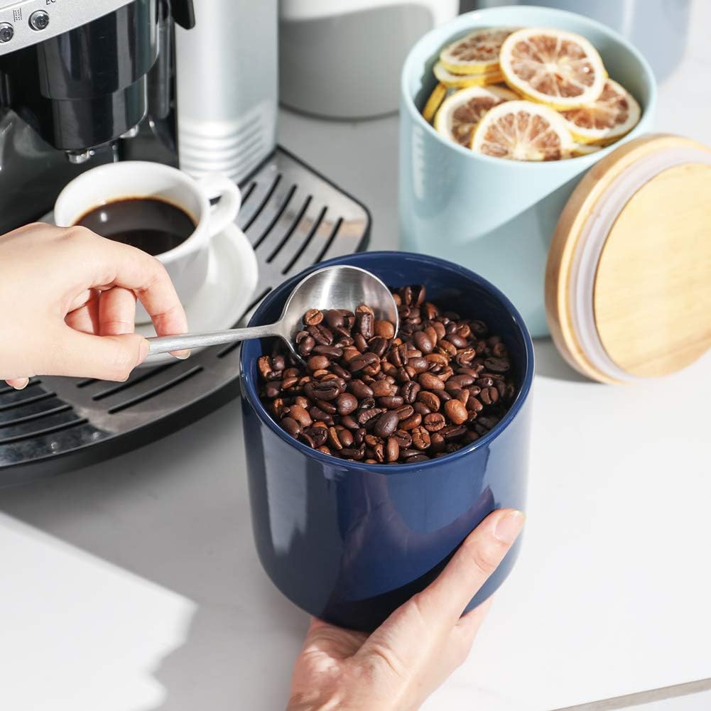 Sweejar Kitchen Canisters Ceramic Food Storage Jar, Stackable Containers with Airtight Seal Wooden Lid for Serving Coffee Bean, Flour, Tea, Spice and More - 39 Fl Oz (Navy)