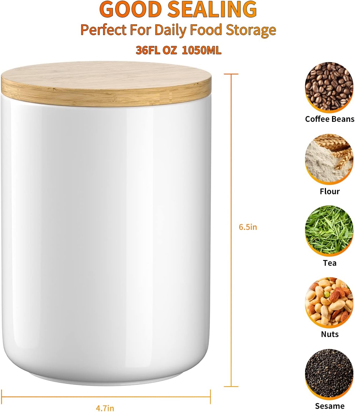 White Ceramic 1050mL 4 cup Food Storage Jar Canister with Airtight Bamboo Lid and Silicone Seal Container for Counter - Great for Coffee Sugar Treat Snack Treats for Dog Cat Rawhide Milkbone (White)