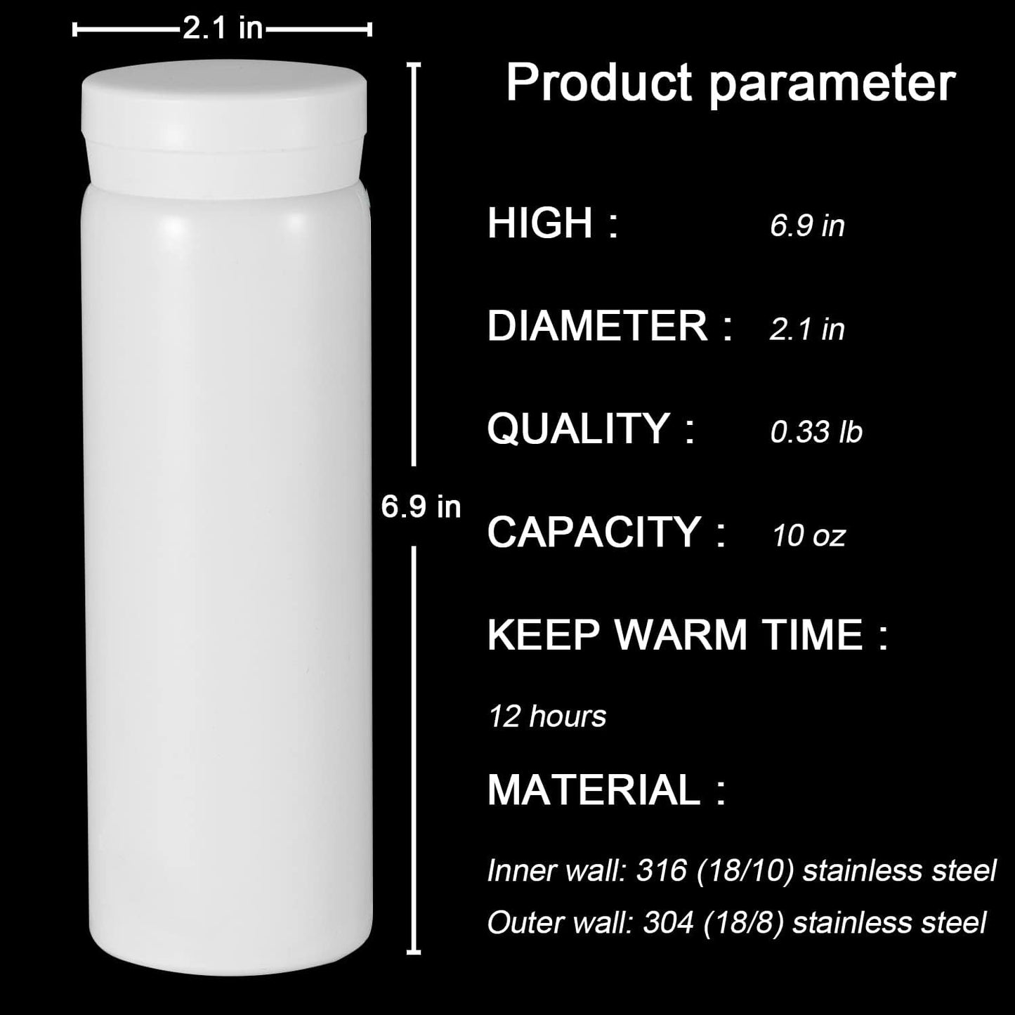10oz Mini Water Bottle Stainless Steel Thermos Small Flask - Insulated Vacuum, Leak Proof, Keeps Drinks Hot/Cold - Ideal for Coffee, Tea, Water - White