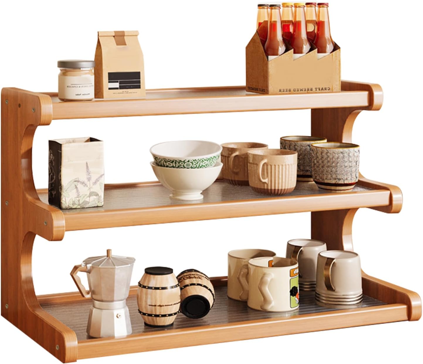 3-Tier Wooden Mug Holder Countertop, Coffee Cup Holder Mug Display Coffee Mug Organizer Mug Rack for Coffee Station Organizer Mug Shelf for Cabinet for Kitchen, Home,Natural