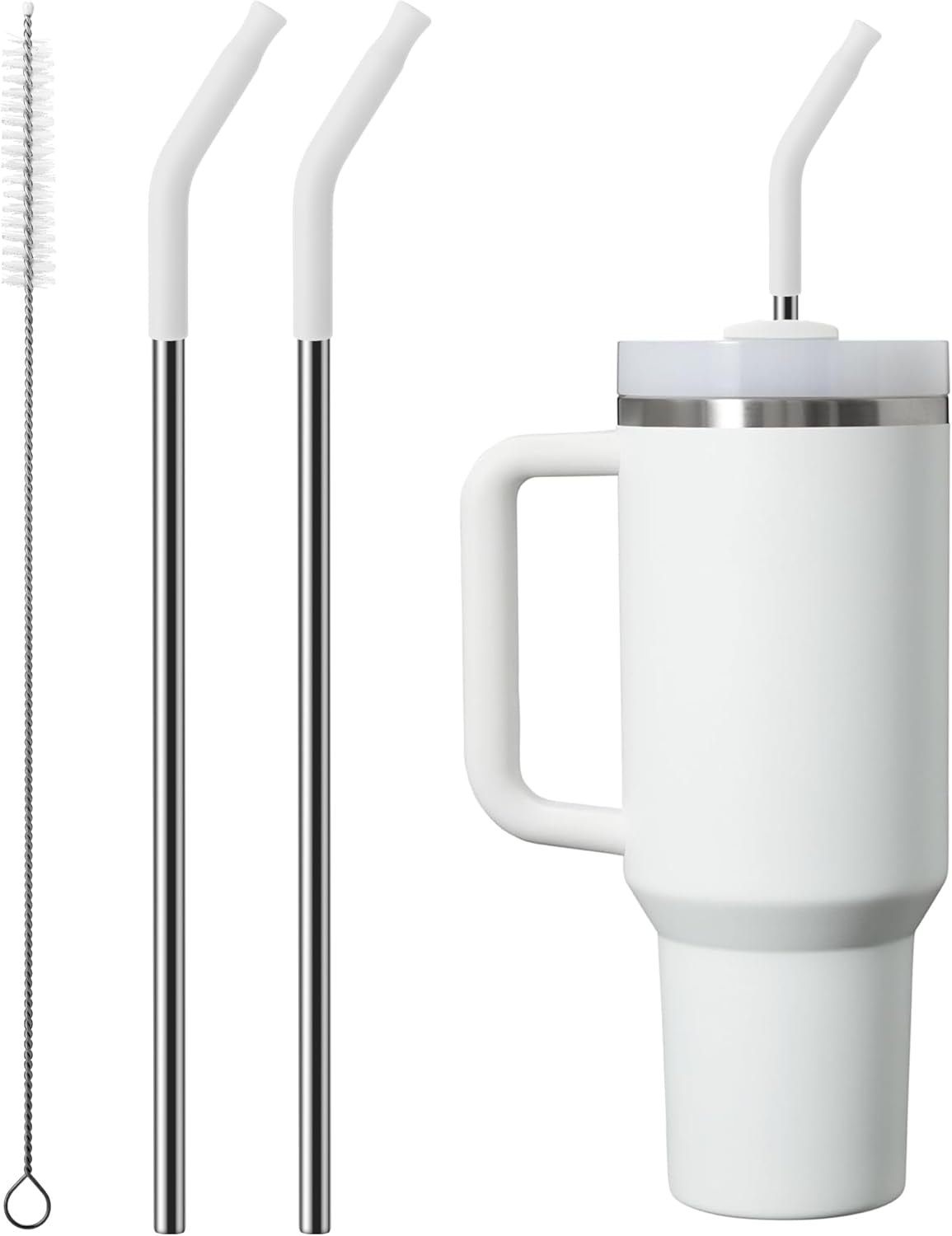 Metal Straw with Silicone Tip for 40oz Stanley Cup, 2 Pcs Stainless Steel Straws Replacement for Stanley 40 oz Adventure Quencher Travel Tumbler Cup, 1 Straw Brush (White)