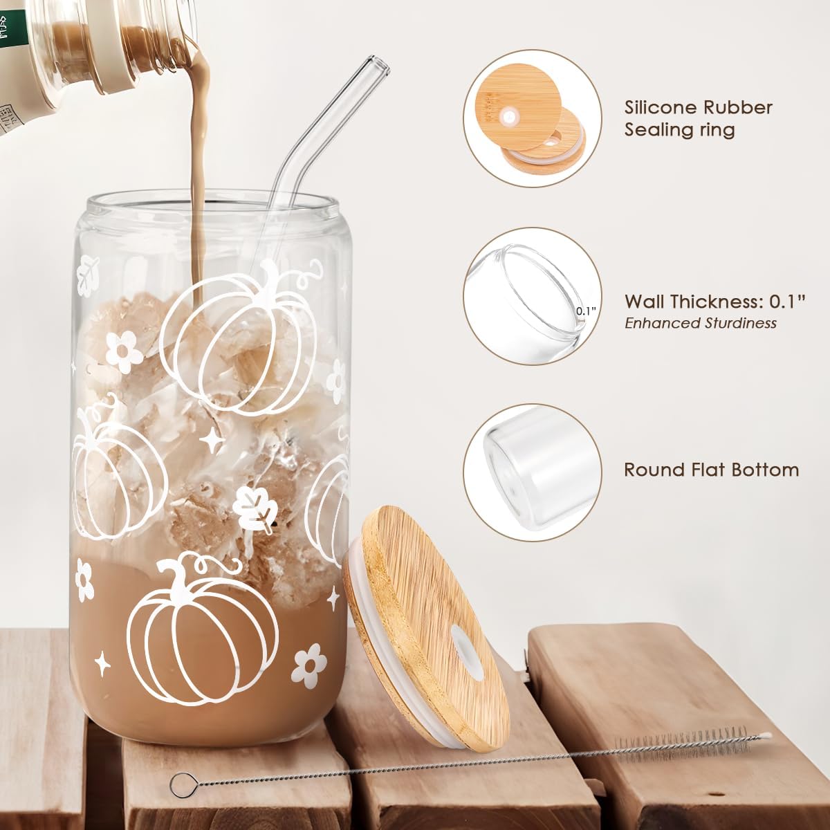 Pumpkin 16oz Can Glass Tumbler with Acrylic Lid & Straw, Iced Coffee Cup for Women Girls, Fall Aesthetic Cups Gifts