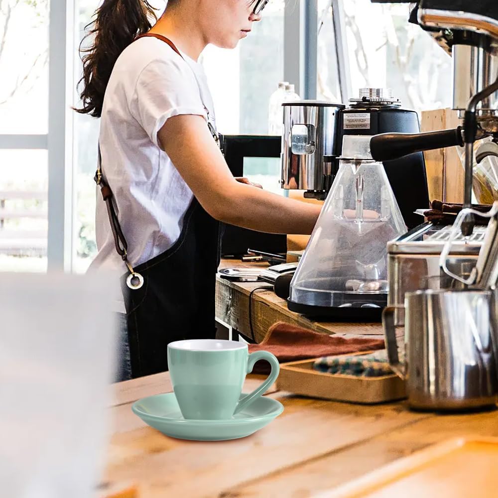 homEdge Porcelain Espresso Shot Cup Set with Saucers and Stainless Steel Spoons - 80 ml / 2.67 oz, Set of 4, Mint Green