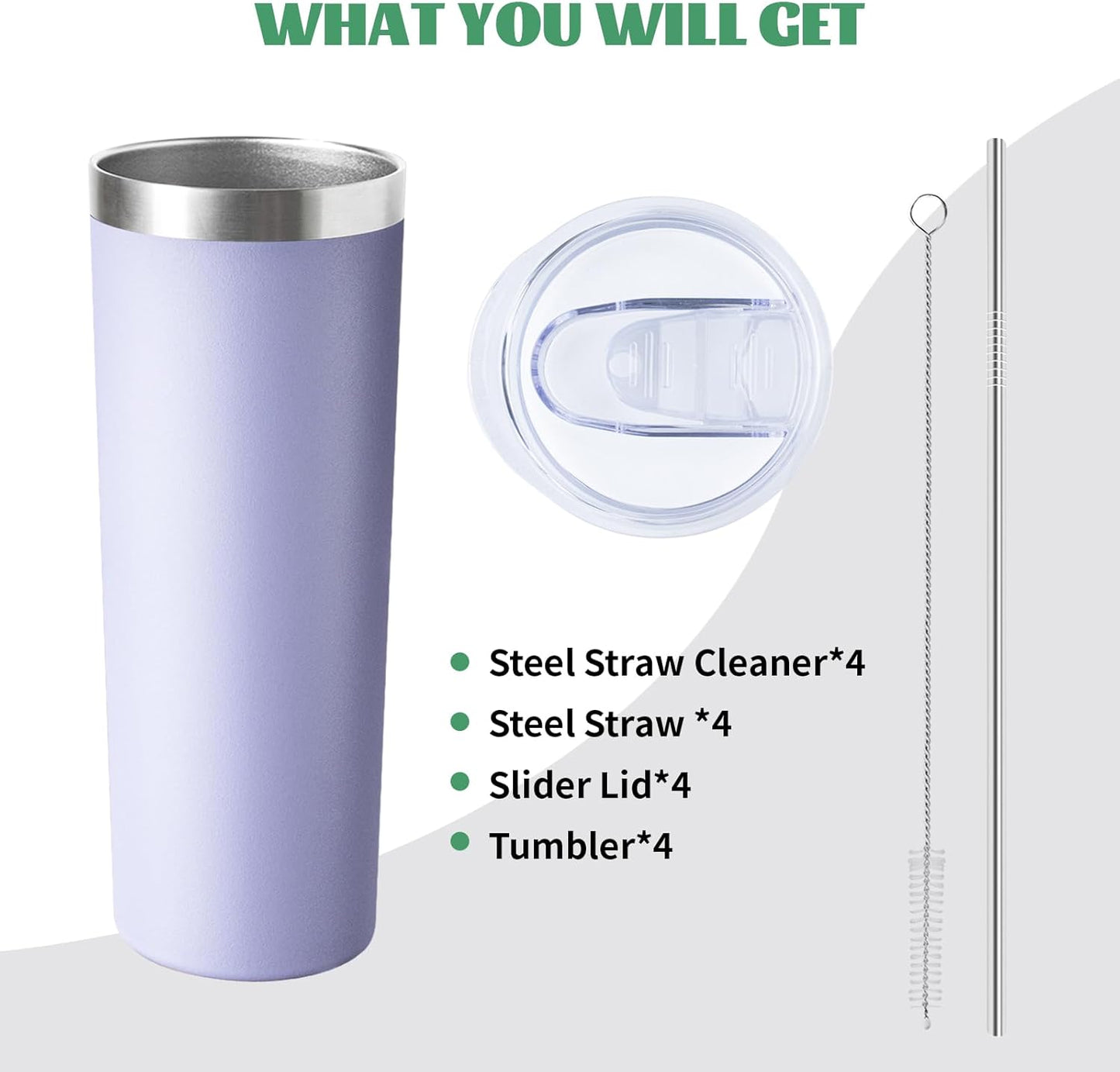 20 oz Skinny Tumbler with Lid and Straw,Stainless Steel Vacuum Insulated Tumbler Cup Double Wall Leak-proof Coffee Mug,Travel Thermal Water Tumbler for Office,Outdoor (Lavender/Cream/Pink/Baby blue)