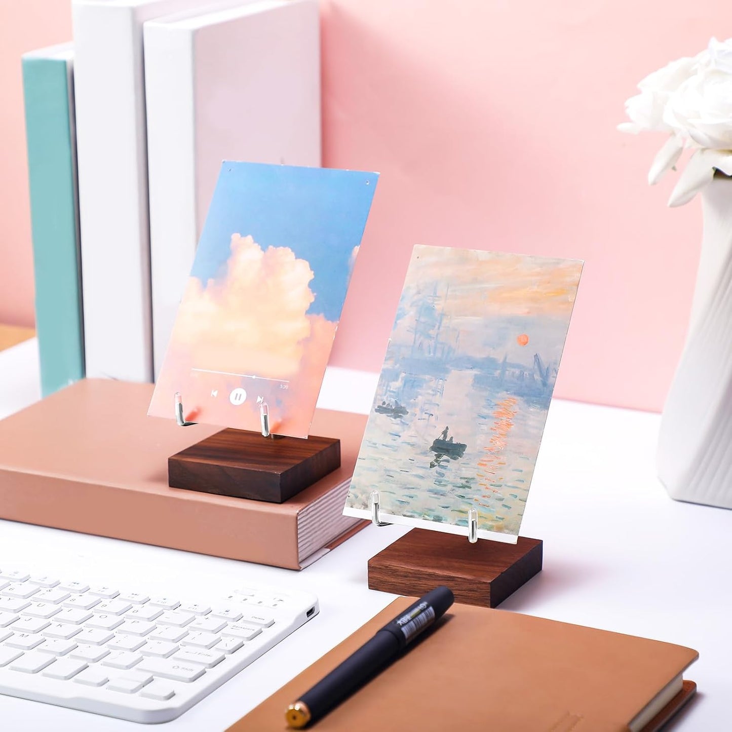 Wenqik 4 Pcs Crystal Display Stand Adjustable Metal Arms Small Rock Display Stand with Wooden Base Geodes Rock Agate Mineral Easel Holder for Collectibles(3.15 x 3.15 x 4.65 Inch)