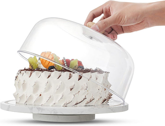 Marble Cake Stand with Acrylic Dome Lid, Cake Holder 360° Rotating, Cake Plate Board for Party, Wedding, Cake Display Stand with Dome Cover,Charcuterie Boards for Cheese, Chips, Fruit