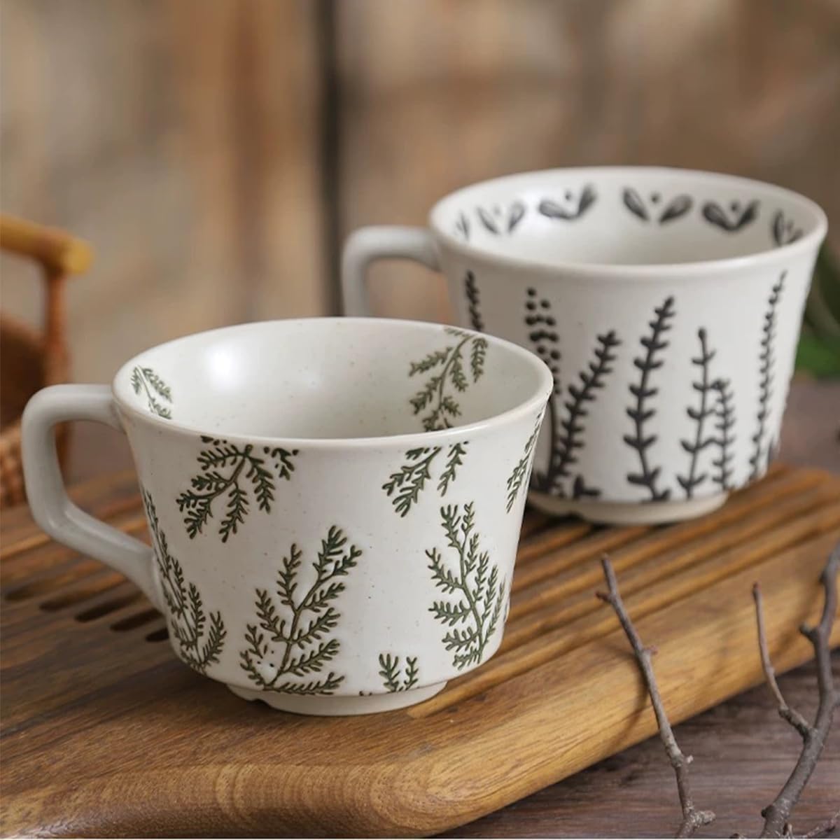 Ceramic Mug with Coffee Spoon Set of 1, 11oz - Vintage Cups Mug for Coffee Milk Latte Cappuccino Tea, Porcelain Cups Dishwasher Microwave Freezer Safe Stoneware 1 PCS Black Leaf Cup
