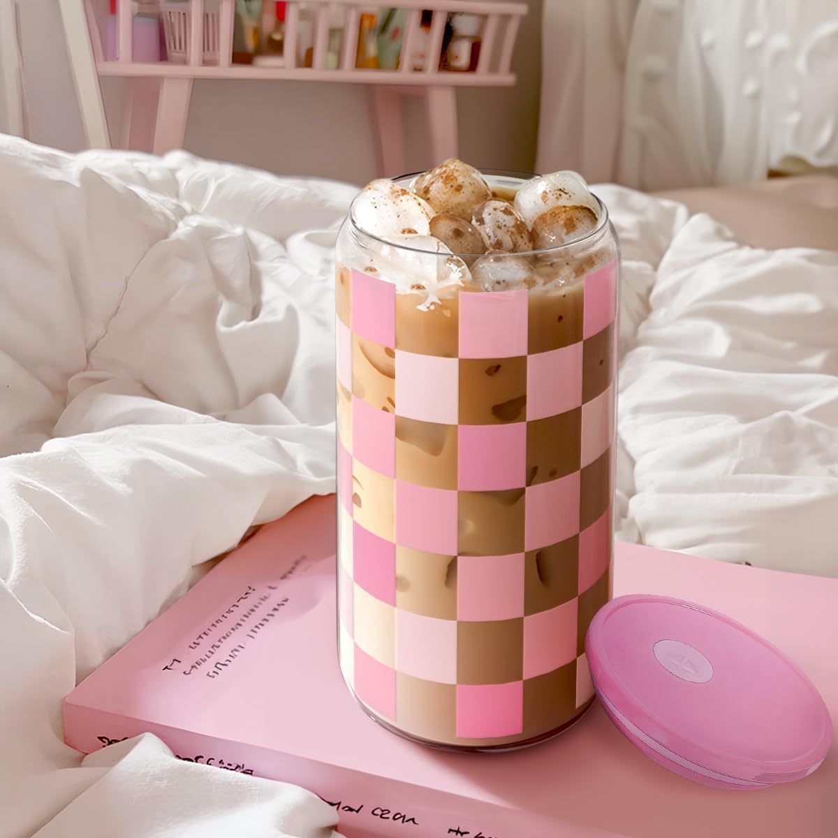 Checker 16 Oz Can Glass Tumbler with Acrylic Lid and Straw - Iced Coffee Cups for Women, Aesthetic Glass Cup Gift for Birthday Christmas