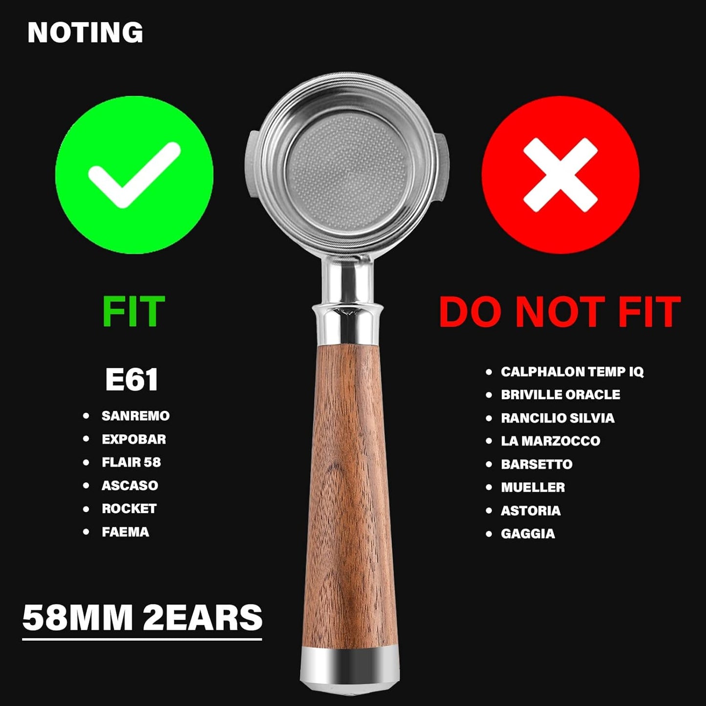 58mm Espresso Double Spouts Portafilter with 2 Ear | Fits E61 | Flair/Rocket/Sanremo/Expobar etc. | Stainless Steel Basket and Walnut Handle | Espresso Accessories