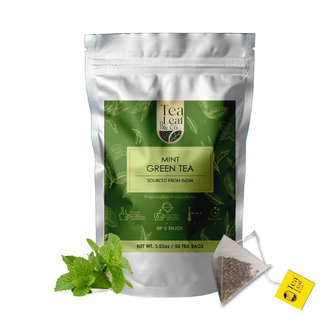 Mint Green Tea Bags (50 Count), Green Tea with Peppermint & Spearmint, Caffeinated, Real and Natural Green Tea, Blended with Fresh Herbs and Spices, Gluten Free