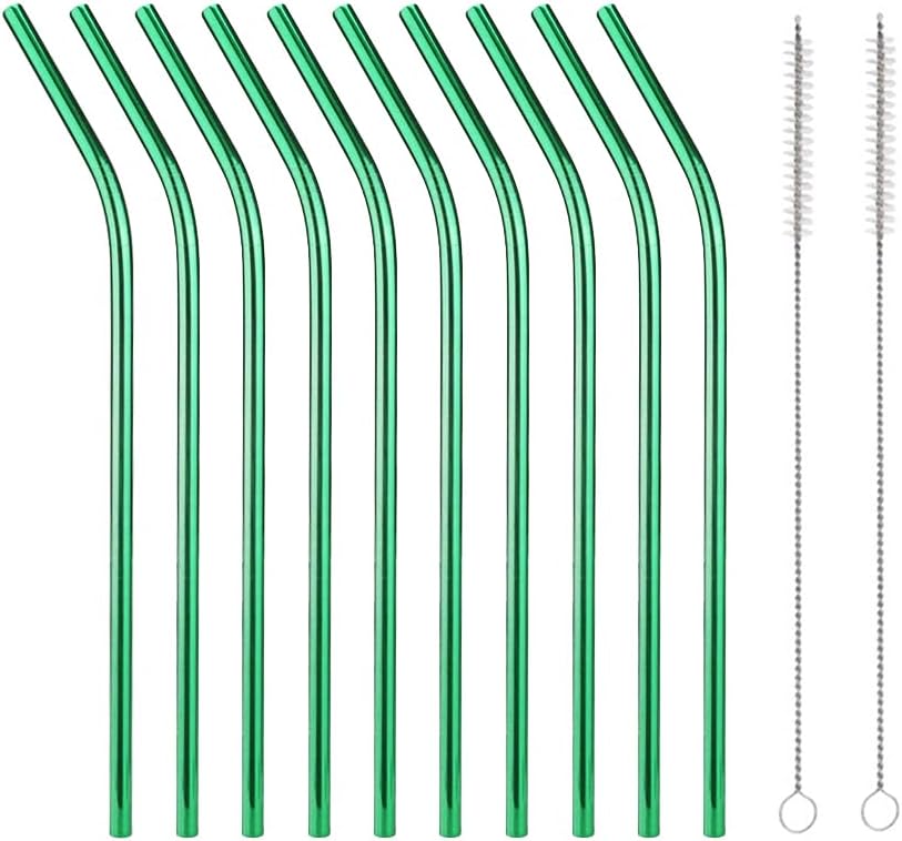 10 Pcs Stainless Steel Straws, Reusable Drinking Straws, Bent Metal Straw Sets with 2 Pcs Cleaning Brushes (Green, 10.5 Inch)
