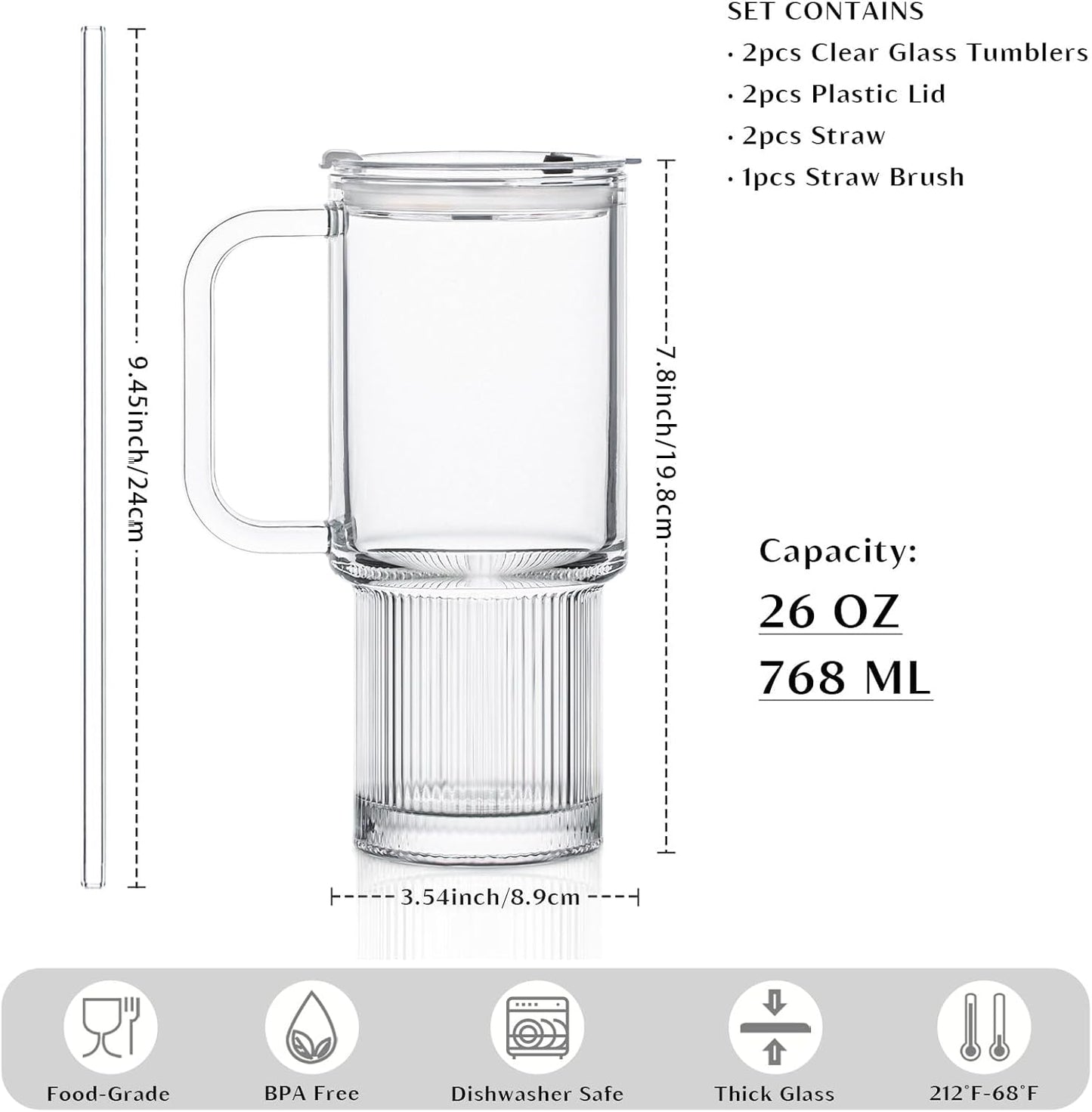 INSETLAN 26oz Glass Tumbler with Handle & Lid – 2-Pack Large Iced Coffee Cups with Straws, Modern Glass Mug for Cold & Hot Beverages, Aesthetic Travel Cup for Smoothies, Tea, and Juice