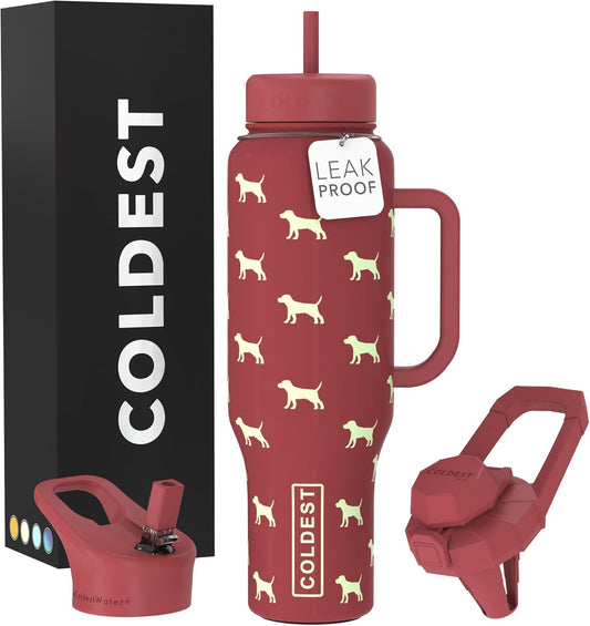Coldest 40 oz Tumbler with Handle and Straw - 100% Leak Proof Insulated Tumbler with Lid and Straw (3 Lids) - Stainless Steel Tumblers for Women & Men - Cup Holder Friendly Base, 46 oz (Baby Puppy)