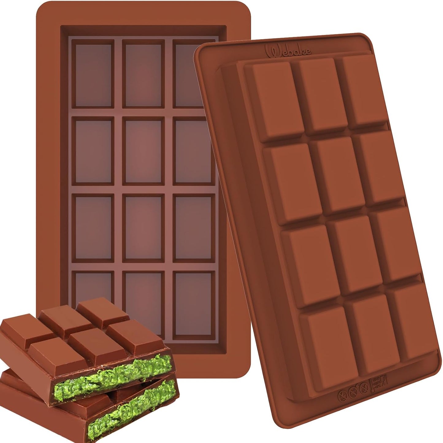 Webake 1 Inch Deep Chocolate Bar Mold 12 Snap, Large 2 Pack Silicone Thick Chocolate Bar Molds, Big Dubai Chocolate Bar Mold for Stuffed, Perfect for Filling Knafeh Pistachio