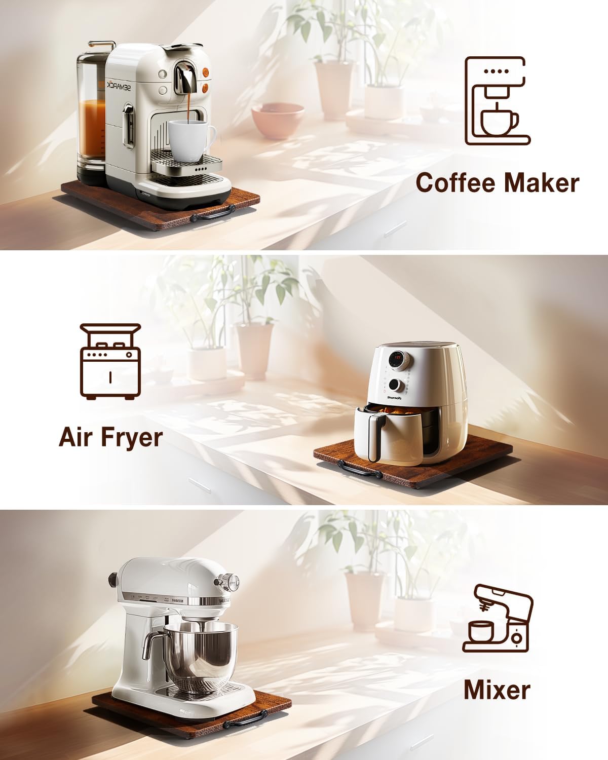 Appliance Slider, Sliding Tray for Coffee Maker, Coffee Pot Slider for Countertop, Kitchen Appliance Rolling Tray with Rubber Wheels (Rustic Brown, Medium - Long (9.5” X 13”))