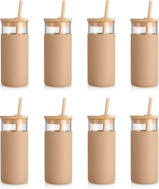 Tronco 20 oz Glass Tumbler Glass Water Bottle Straw Silicone Protective Sleeve Bamboo Lid - BPA Free - Amber/ 8 Pack