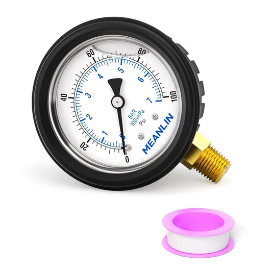 MEANLIN MEASURE 0~100Psi Stainless Steel Liquid Filled Pressure Gauge 1/4" NPT 2.5" FACE DIAL with Rubber Protective Sleeve, Lower Mount