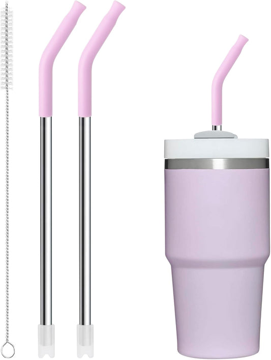 Snowfall 2 Pcs Replacement Metal Straws for Stanley 14 oz, 20 OZ Tumbler, Stainless Steel Straws with Silicone Tip for 20 OZ Tumbler, Straw Brush (Purplish Pink)