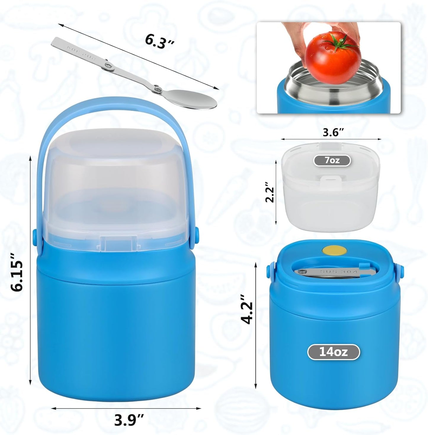 2 - in - 1 Soup Thermo for Hot Food 14oz with Snack Box Container Leak Proof Insulated Lunch Container Kids and Adults Stainless Steel Double Wall Vacuum Wide-mouth Thermal with Spoon and Handle
