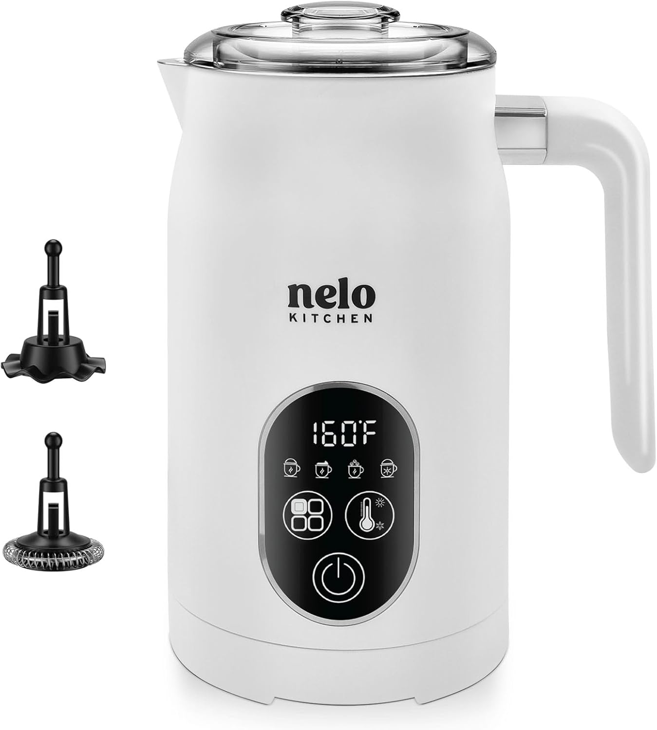 NELO Electric Milk Frother, 4 In 1 Digital Milk Frother and Steamer with Real-Time Temperature Control, Automatic Frother for Coffee, Latte, Hot Chocolate, Cappuccino, BPA Free Stainless Steel (White)