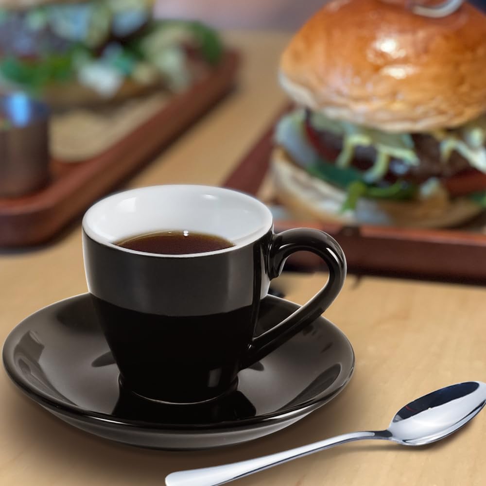homEdge Porcelain Espresso Shot Cup Set with Saucers and Stainless Steel Spoons - 80 ml / 2.67 oz, Set of 4, Black