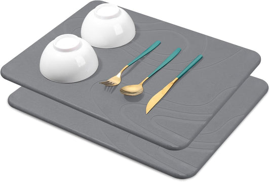 2 Pack Stone Dish Mat for Kitchen Counter, Dirt-Resistant Quick Drying Fast Absorbent Non-Slip Diatomite Mat, Natural Diatomaceous Earth Dish Drying Pad (Dark Grey)