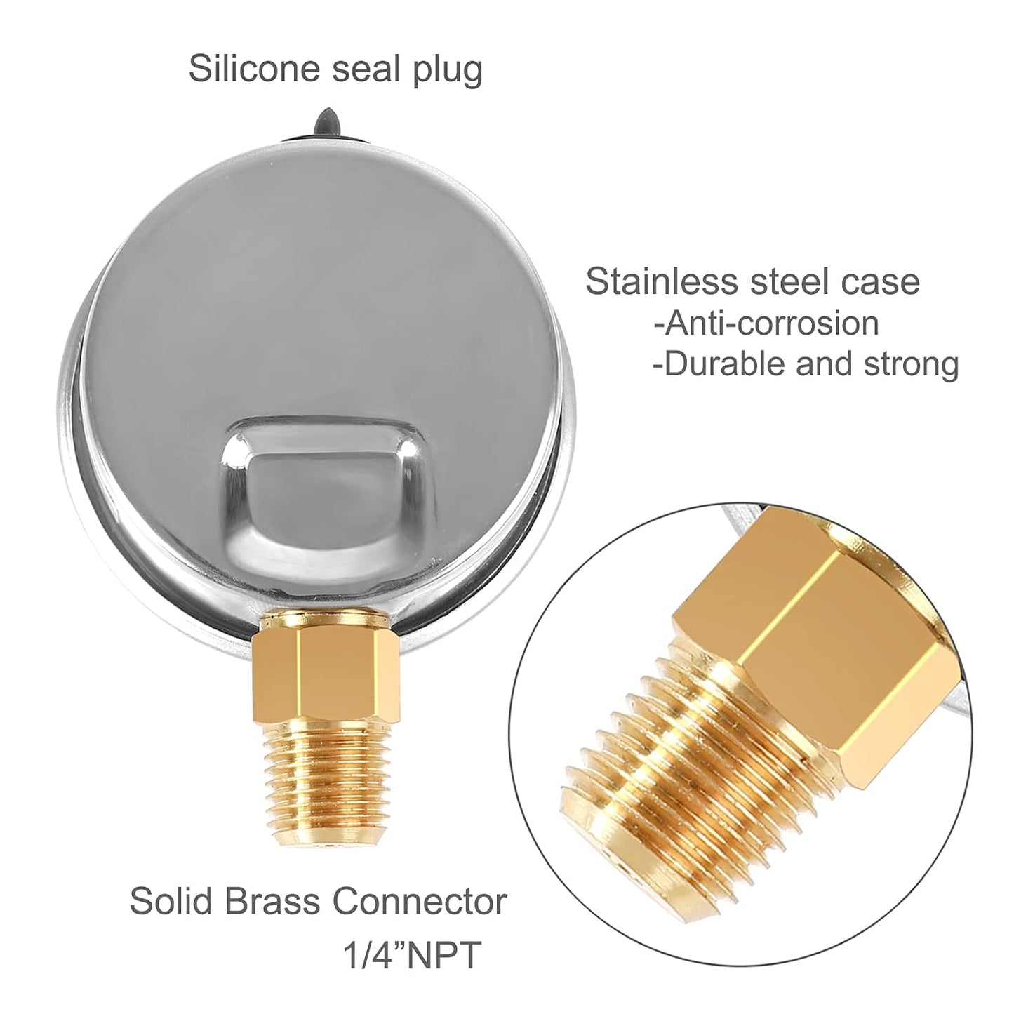 Glycerin Filled Pressure Gauge 160psi/11bar, Stainless Steel case, Brass Inside Construction, 2-1/2" dial, 1/4" NPT Rear Connection.