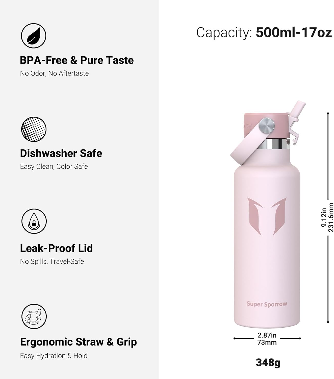 Super Sparrow Insulated Water Bottle - 17 Oz / 25 Oz / 32 Oz - Standard Mouth FlipFlow Flask - BPA Free, Leak Proof Drink Bottle- Ergonomic Straw Water Bottles for Work, Gym, Travel, Sports