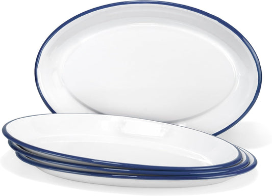 Red Co. Set of 4 Enamelware Metal Classic 13" Serving Oval Tray Platter, Solid White/Navy Blue Rim