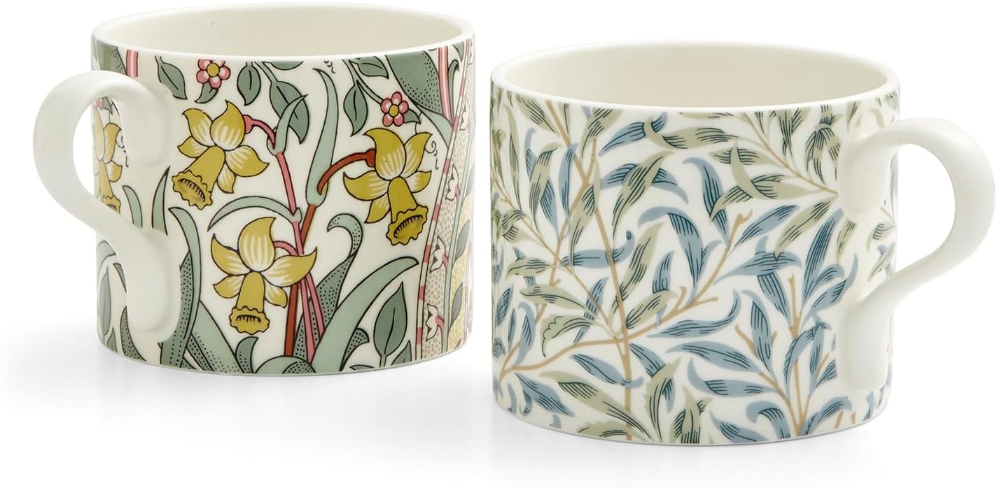 Spode Morris & Co 12oz Mugs, Set of 2 (Daffodil & Willow Bough) - Microwave & Dishwasher Safe, Elegant Porcelain Drinkware for Coffee Bar or Giftable Home Kitchen Mug Set. Ideal for Coffee & Tea