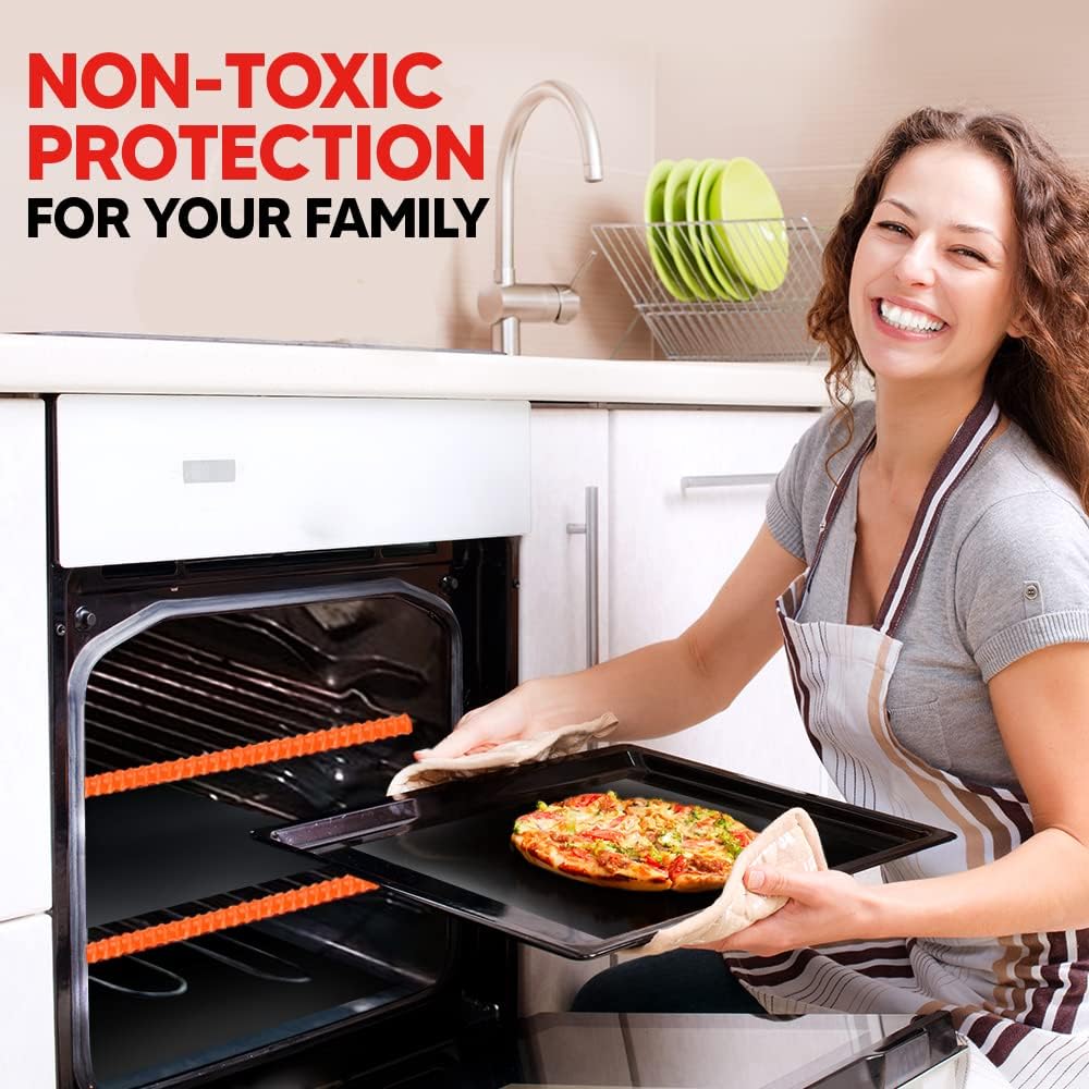 Oven Liners for Bottom of Oven Black (4-pack) Bundled with Rack Shield (4-pack) - Large Mat for Bottom of Range (17"x 25") and 14" Orange Stove Guards for Racks - Reusable & Heat Resistant