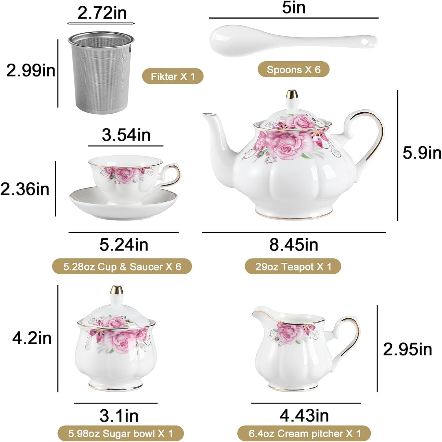 Sweejar Porcelain Tea Sets, Vintage British Floral Relief Gold Rimmed Teapot Cup and Saucer Set, Tea Set Service for 6, with Teapot, Sugar Bowl, Milk Jug, Spoons, Tea Cup and Saucer (Flower)