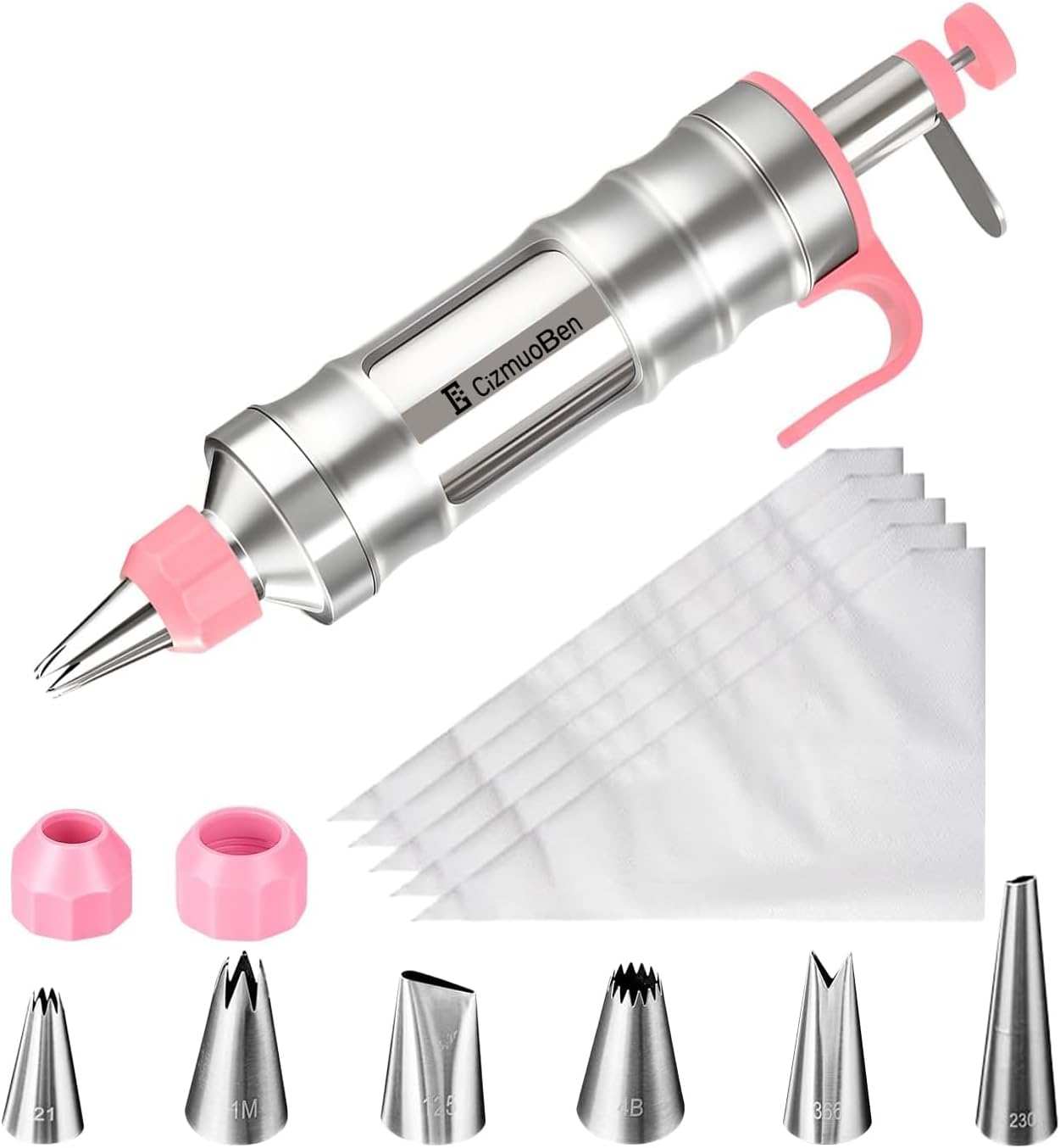 Dessert Decorating Syringe Set, Frosting Piping Kit icing piping kit Food Grade Stainless Steels (6 pro piping tips shooters 50 disposable piping bags) For Baking, Decorating Cupcake, Deviled Eggs