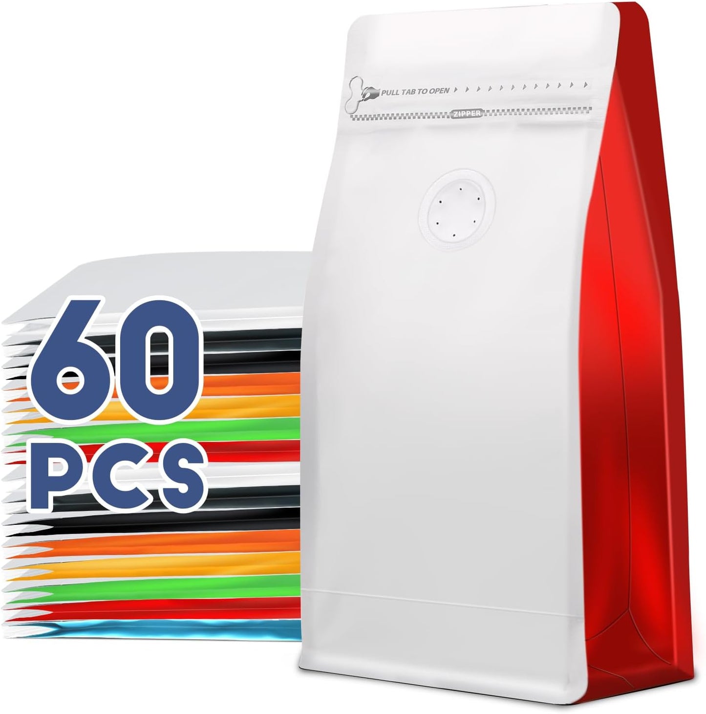 Coffee Bags with Valve(60pcs,16 oz,1 lb) Vented Coffee Beans Packaging Bags High Barrier Aluminumed Foil Flat Bottom Heat Sealed Side Zipper Resealable Storage Bag for Home or Business（White+Red）