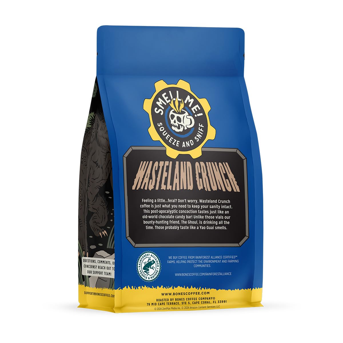 Bones Coffee Company Fallout Wasteland Crunch,Chocolate Candy Bar Flavored Coffee, Medium Roast Low Acid Arabica Beans Compatible with Auto drip and French Press Coffee Maker, 12 Oz Whole Bean