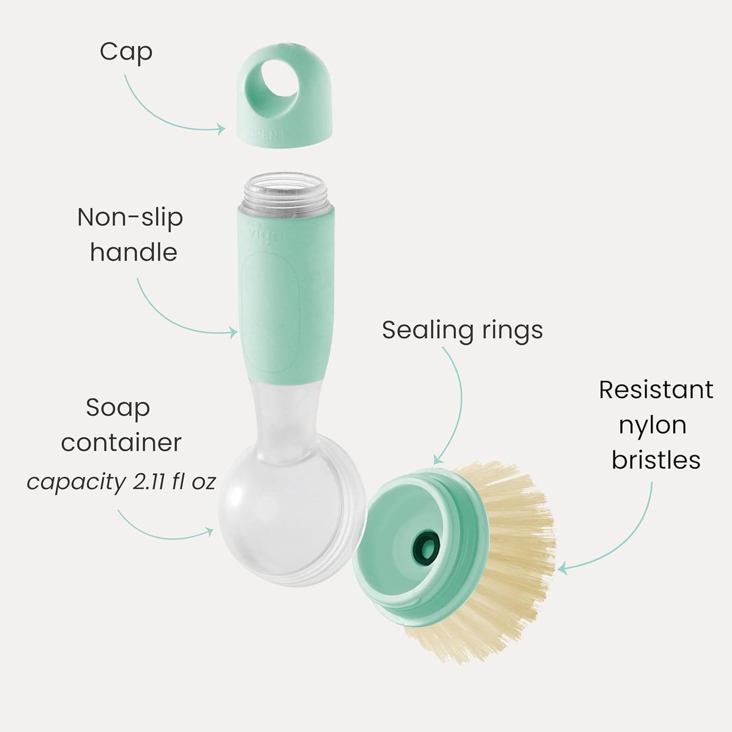 Vigar Rengo Soap Dispensing Dish Brush, Dish Brush with Soap Dispenser for Pot Scrubber, Dishes, Sink Cleaner, and Kitchen Essentials, Turquoise