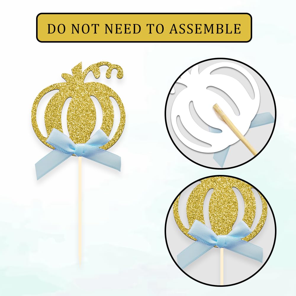 24pcs Pumpkin Gender Reveal Cupcake Toppers - Baby Shower Girl or Boy Party Decorations Supplies, Pumpkin Food Pick (Blue and Pink Bow)