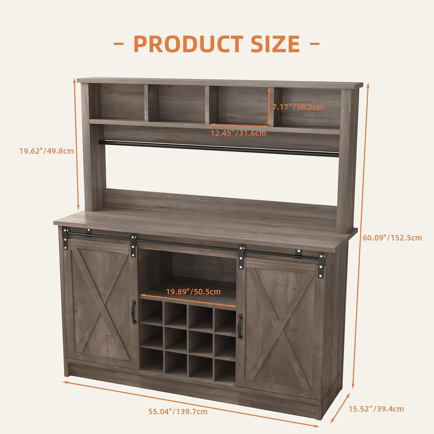 4ever2buy Farmhouse Coffee Bar Cabinet with 4 Storage Hutch, 55”Coffee Bar with Sliding Barn Doors, Hutch Cabinet with 12 Wine Racks & 8 Hooks for Dining Room, Kitchen, Wash Grey