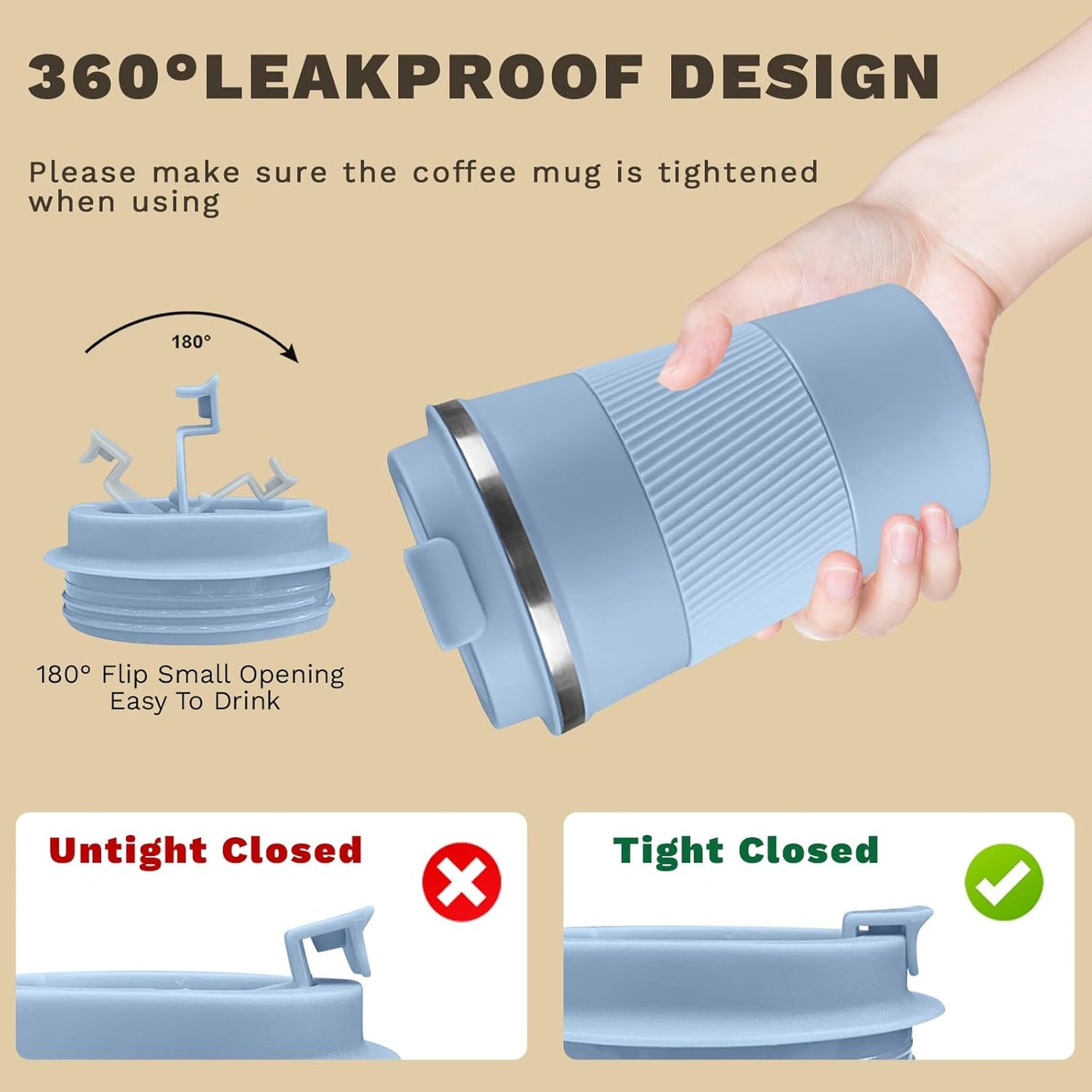 Vacuum-Insulated Stainless Steel Travel Coffee Mug, Leak-Proof Reusable Coffee Cup with Lid - Keep Hot & Cold Drinks for Hours, Durable Thermos Tumbler for Men & Women (3rd-Light Blue, 17OZ)