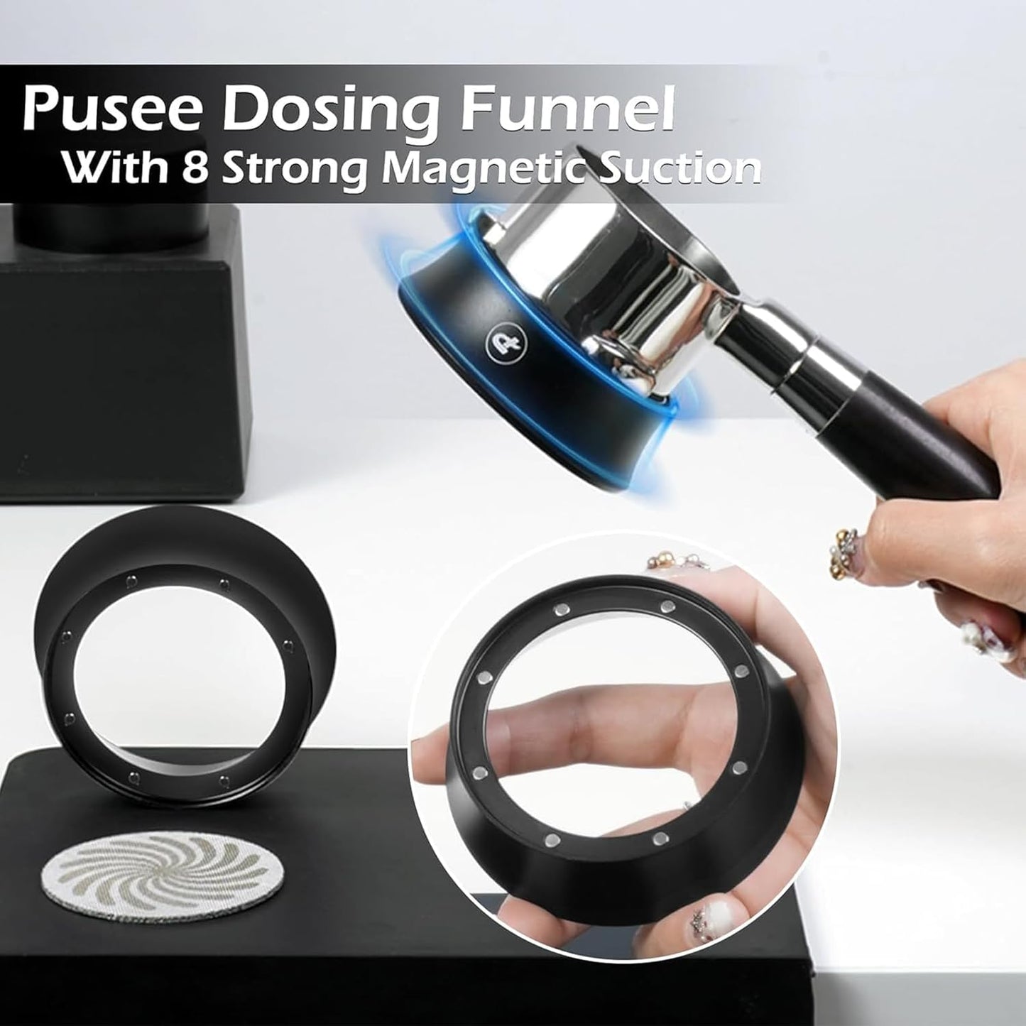 PUSEE 51mm Magnetic Dosing Funnel & Puck Screen Set 8 Magnetic Espresso Coffee Dosing Ring Reusable 1.7mm Puck Screen 316 Stainless Steel Fits All 51mm Portafilters Espresso Tools Espresso Accessories