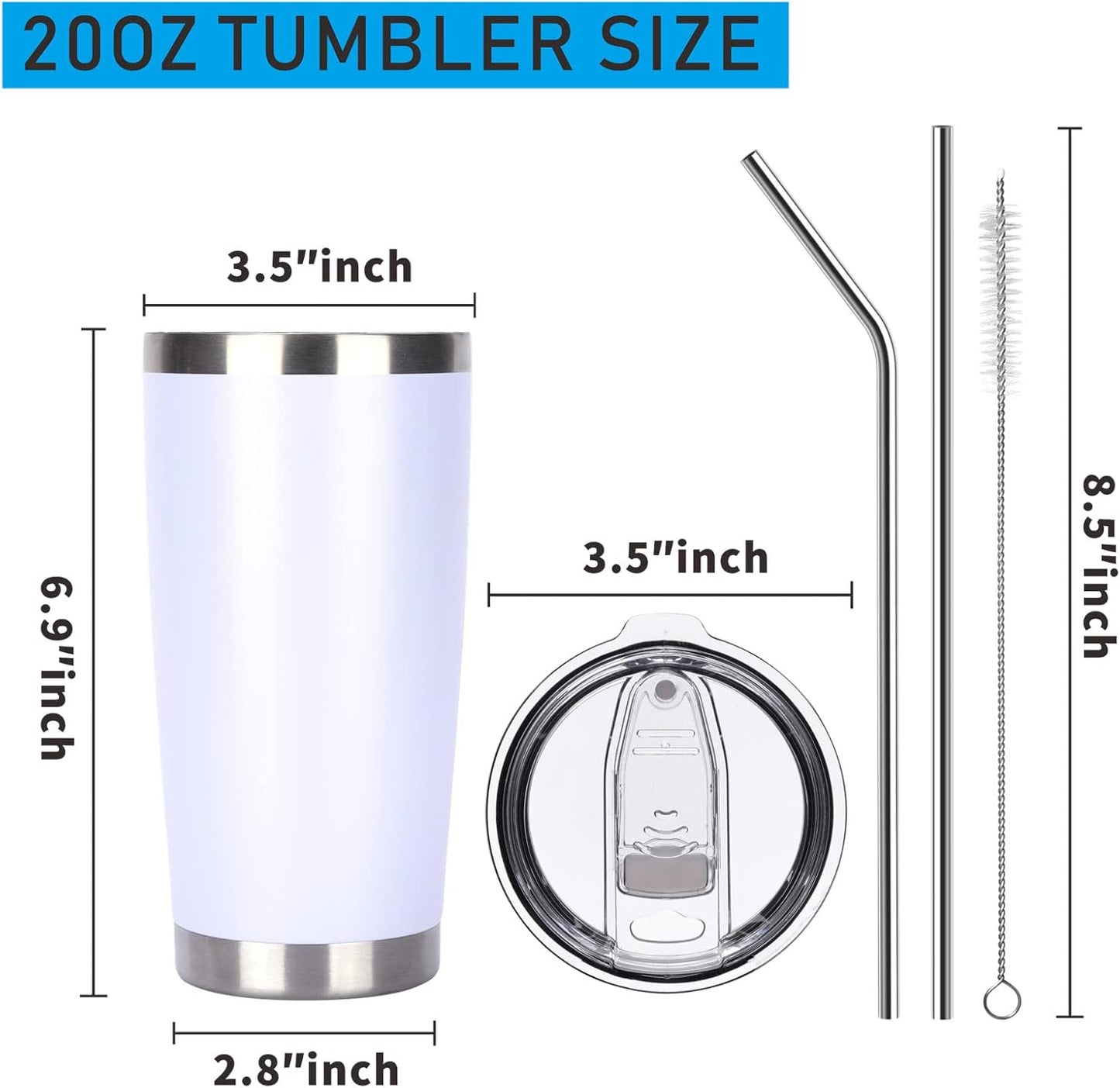 Pandance 20oz Stainless Steel Insulated Tumblers with Lid and Straw Bulk, Double Wall Vacuum Water Cups for Hot & Iced Coffee Drinks Travel Mug (White, 1 pack)