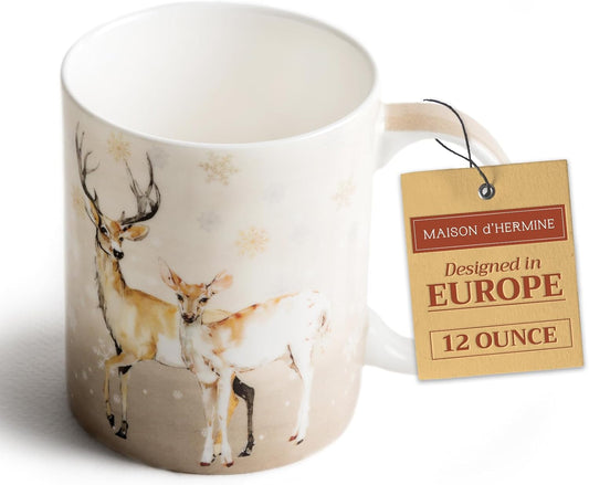 Maison d' Hermine Coffee Mug with Handles Fine Bone China Mugs Pack of One Tea Cups for Hot Beverages Cappuccino Latte Home Restaurant Office Perfect for Gift (Deer In The Woods - Oh Deer, 12 Ounce)
