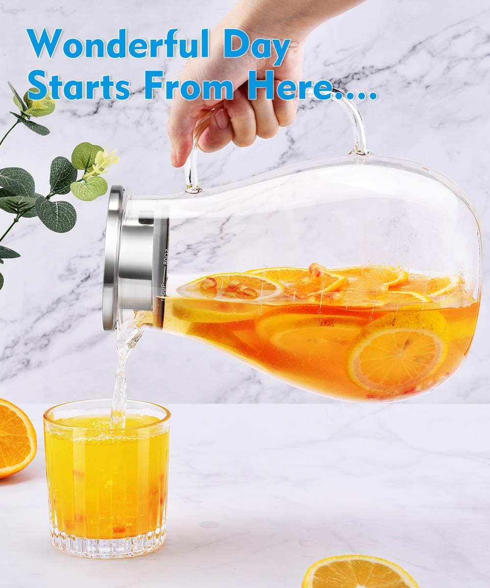 Glass Pitcher, veecom 80oz Water Pitchers with Lid and Spout for Drinks, Hot&Cold Beverage, Juice, Iced Tea Pitcher for Fridge, Borosilicate Glass Carafe/Jug with Brush