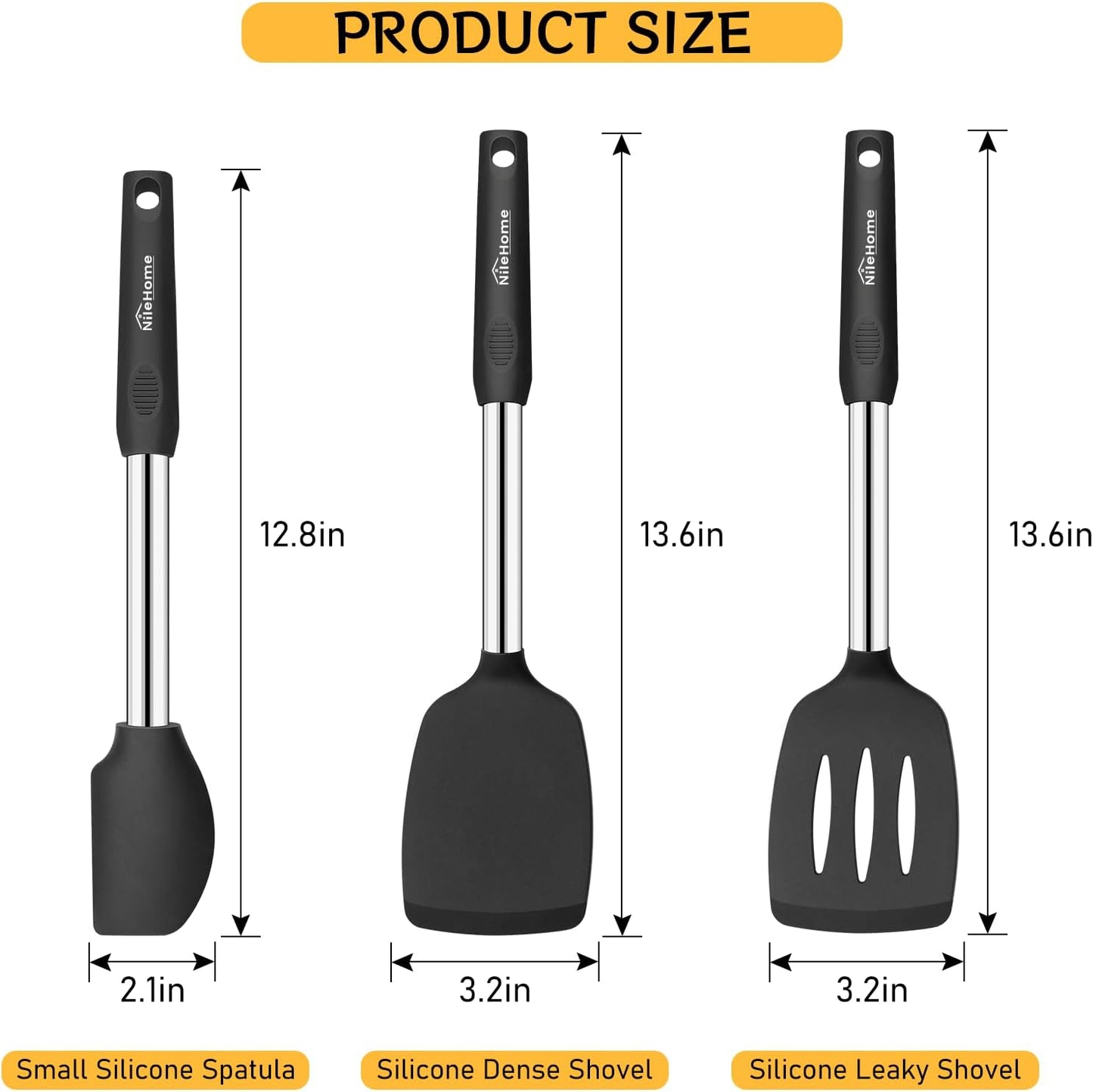 NileHome Pack of 3 Spatulas Silicone Heat Resistant, Cooking Utensils Set, Silicone Spatula BPA Free Cooking Utensils, Ideal Cookware for Fish, Eggs, Pancakes (Black)