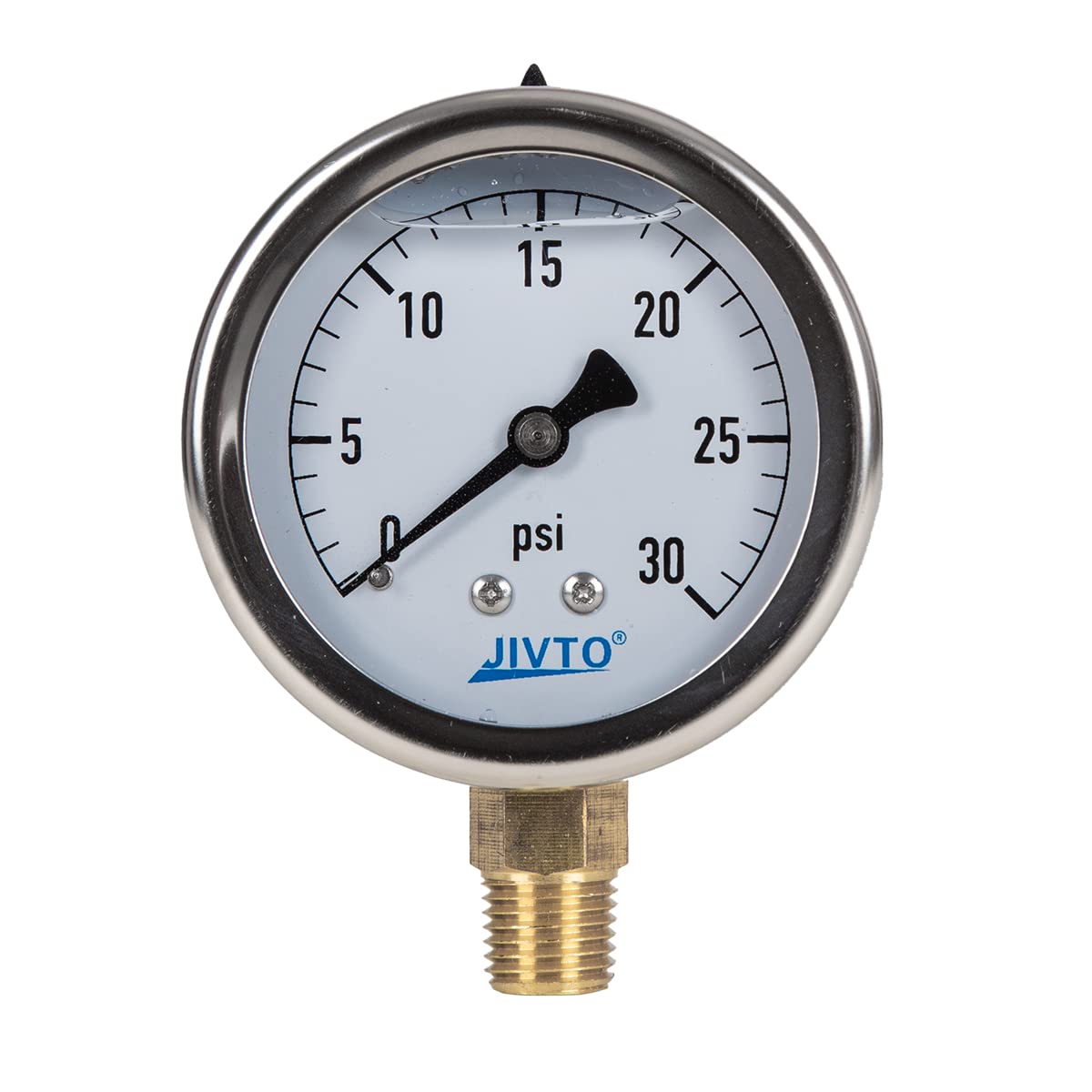 Pressure Gauge,Glycerin Liquid Filled,2.5" Dia,0-30 psi(Single Scale),1/4" NPT Brass Connection,Lower Mount, Stainless Steel Case,for Pneumatic,Pump,Hose,Well Tank,Gas Air Water Oil