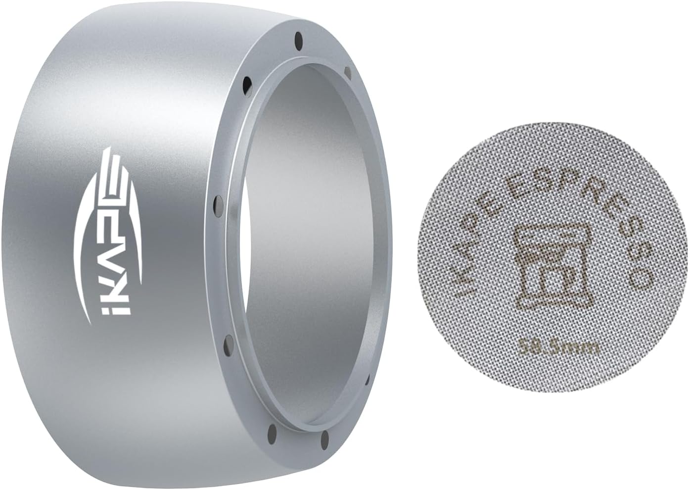 IKAPE Magnetic Dosing Funnel Set, 58MM Espresso Dosing Ring & Puck Screen Kit Compatible with 58MM Bottomless Portafilter - with 10 Small Magnet (Silver)