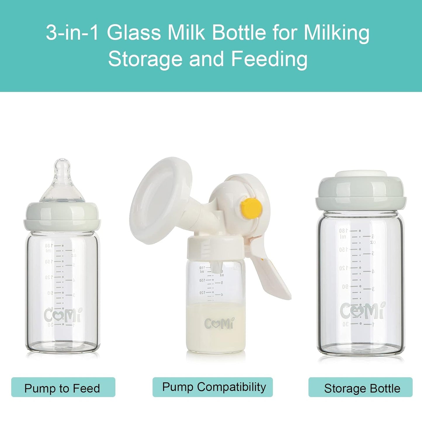 COMI Wide Neck Glass Breastmilk Collection n Storage Bottle, 4 Packs, 6oz with Screw Ring Sealing Disk; Re-markable Sealing Disc. BPA Free, Fits Breast Pumps & Nipples (4 Gray Lids)