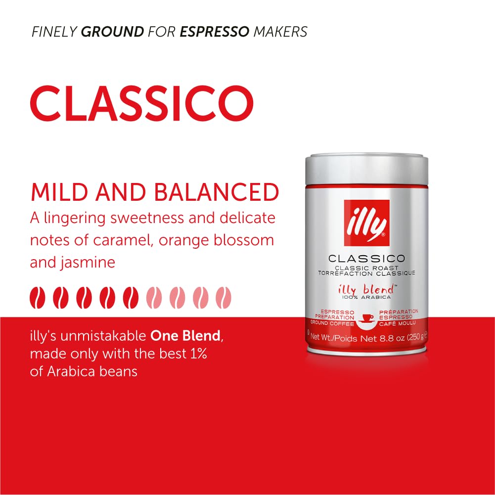 Illy Classico Ground Espresso Coffee, Medium Roast Roast With Notes Of Chocolate & Caramel, 100% Arabica, 8.8 Ounce (Pack Of 1)